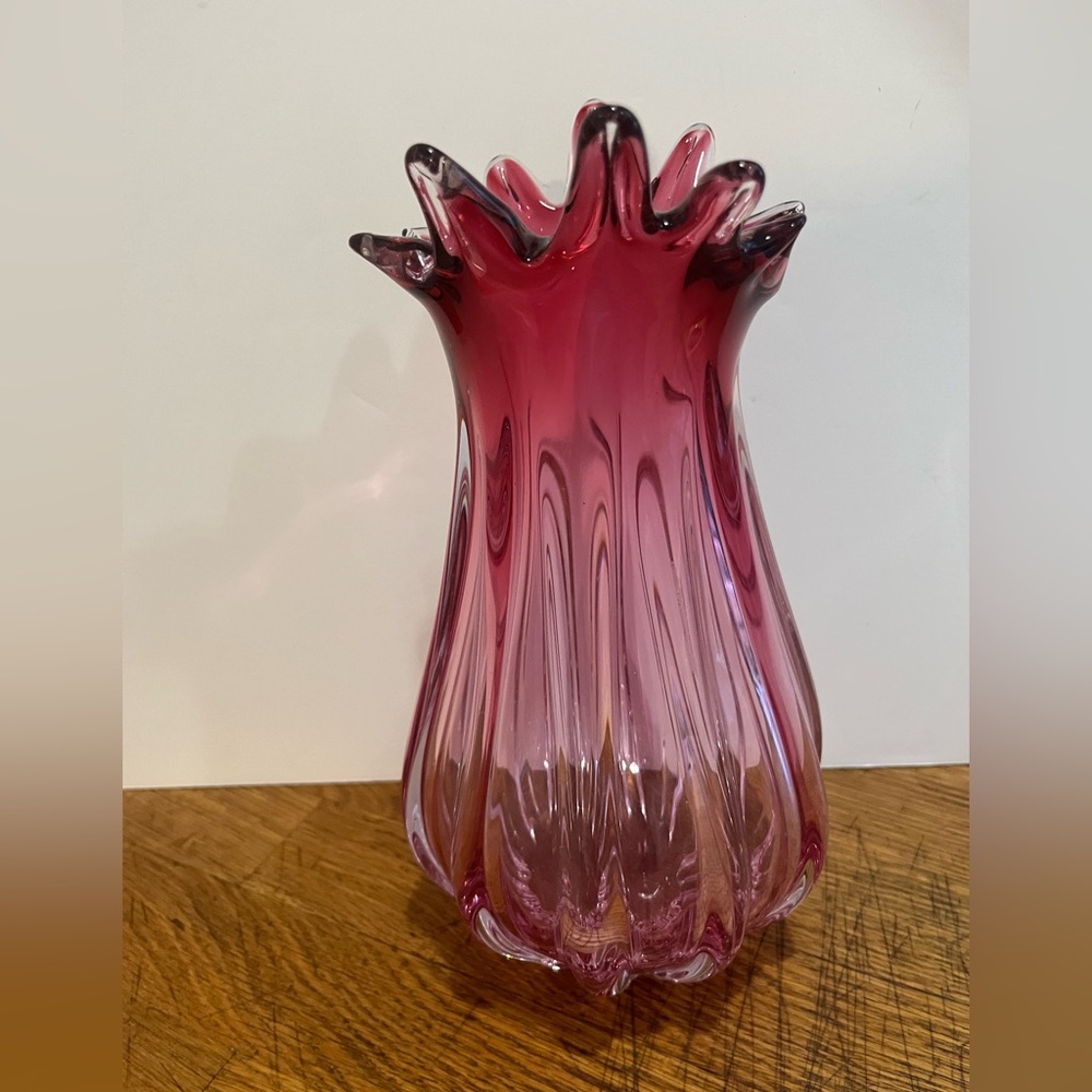Chribska Glassworks Handblown‎  Cranberry Pink Czechoslovakian Art Glass Vase